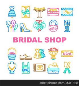 Bridal Shop Fashion Boutique Icons Set Vector. Dress For Bride And Costume For Groom, Garment For Bridesmaid And Candles, Ring And Wedding Album Selling In Bridal Shop Line. Color Illustrations. Bridal Shop Fashion Boutique Icons Set Vector
