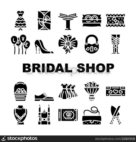 Bridal Shop Fashion Boutique Icons Set Vector. Dress For Bride And Costume For Groom, Garment For Bridesmaid Candles, Ring And Wedding Album Selling In Bridal Shop Glyph Pictograms Black Illustrations. Bridal Shop Fashion Boutique Icons Set Vector