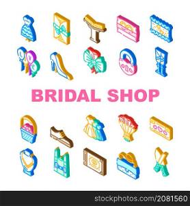Bridal Shop Fashion Boutique Icons Set Vector. Dress For Bride And Costume For Groom, Garment For Bridesmaid And Candles, Ring Wedding Album Selling In Bridal Shop Isometric Sign Color Illustrations. Bridal Shop Fashion Boutique Icons Set Vector