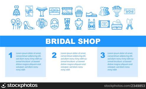 Bridal Shop Fashion Boutique Landing Web Page Header Banner Template Vector. Dress Bride Costume For Groom, Garment For Bridesmaid And Candles, Ring Wedding Album Selling In Bridal Shop Illustration. Bridal Shop Fashion Boutique Landing Header Vector