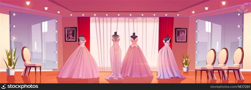 Bridal shop interior with wedding dresses on mannequins and large mirrors with lighting