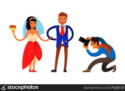 Bride and groom and professional photographer vector isolated. Man in blue jacket and woman in engagement red dress. Happy couple on wedding ceremony. Happy Couple Wedding Bride Groom Photograph Vector