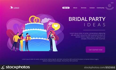 Bride and groom at wedding party and guests with gifts at big cake. Wedding party planning, bridal party ideas, bridesmaid dresses and gowns concept. Website vibrant violet landing web page template.. Wedding party concept landing page.