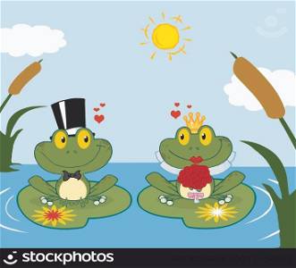 Bride and Groom Frogs Cartoon Characters On A Leafs In Lake