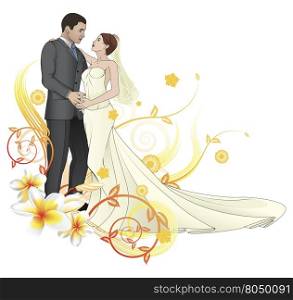 Bride and groom looking into each others eyes dancing abstract floral background