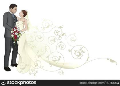 Bride and groom looking into each others eyes kissing abstract background pattern