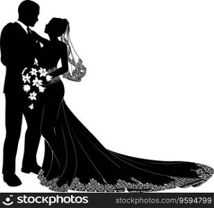 Bride and groom silhouette vector image