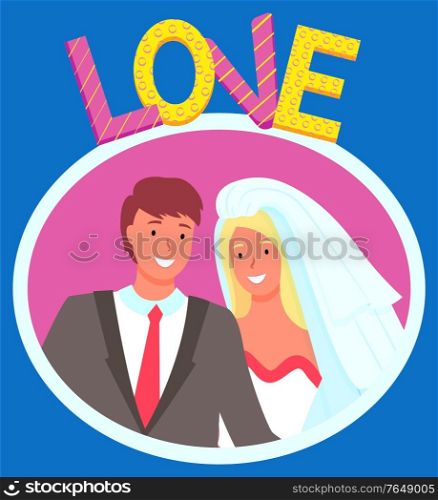 Bride and groom vector, isolated man and woman smiling on photo flat style characters on special day. Boyfriend and girlfriend wearing costume and veil, celebration of wedding. Photozone balloons. Wedding Celebration Photo of Newlyweds Bride Groom