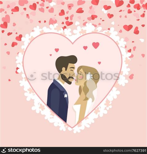 Bride and groom vector, kissing husband and wife wearing veil decorated with flower, hearts and romantic atmosphere. Wedding ceremony celebration. Flat cartoon. Man and Woman on Wedding Day People in Love Vector