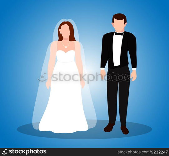 Bride and groom wedding character illustrations. white dress, black suit.  People with full body height.