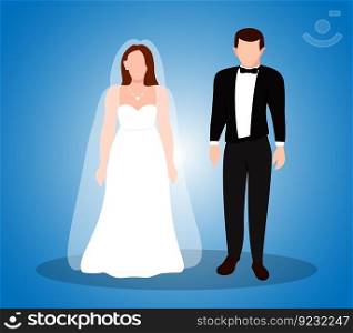 Bride and groom wedding character illustrations. white dress, black suit.  People with full body height.