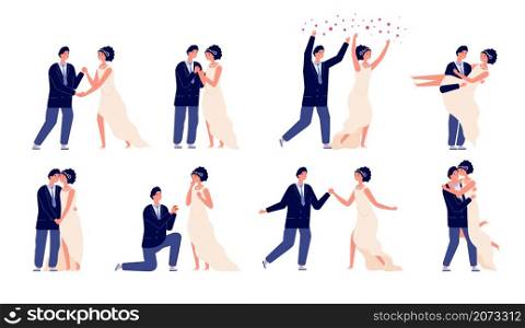Bride and groom. Wedding couple, engagement or marriage party. Wed celebrations, cartoon man woman dance in love and kiss utter vector characters. Illustration couple groom and bride wedding. Bride and groom. Wedding couple, engagement or marriage party. Wed celebrations, cartoon man woman dance in love and kiss utter vector characters