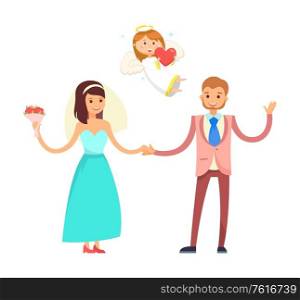 Bride and groom, wedding on Valentines day, cupid angel with heart vector. Marriage ceremony, woman in gown with veil and bouquet, man in tuxedo and tie,. Wedding Couple and Cupid Angel, Bride and Groom