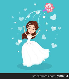 Bride character in white dress throwing bouquet, portrait view of happy woman with flowers, traditional wedding ceremony, blue card with hearts vector. Bride Throwing Flowers, Wedding Ceremony Vector