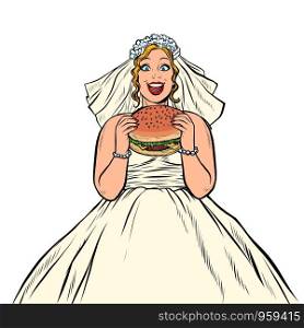 Bride eats fast food Burger. Hungry woman. Pop art retro vector illustration drawing. Bride eats fast food Burger. Hungry woman