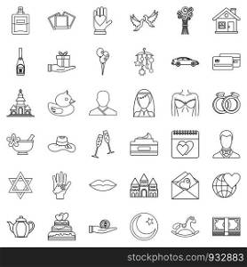 Bride icons set. Outline style of 36 bride vector icons for web isolated on white background. Bride icons set, outline style
