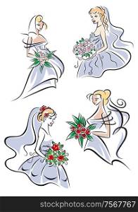 Bride in blue dress and gown holding bouquet of flowers. Vector sketches for wedding and marriage design
