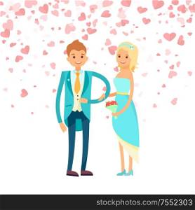 Bride in gentle dress and groom in blue suit vector isolated people. Just married couple, happy newlywed girlfriend with bouquet and boyfriend, marriage. Bride in Dress and Groom in Suit Vector Isolated