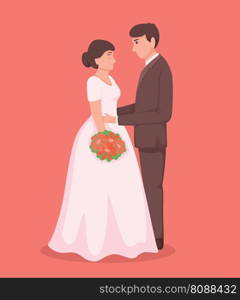 Bride in white dress and Groom in suit. Couple wedding vector illustration