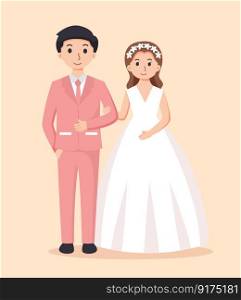 Bride in white dress and Groom in suit. Couple wedding vector illustration