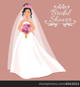 Bride In White Dress With Bouquet. Bridal shower cartoon invitation with beautiful young bride in white dress and veil on rose background holding bouquet of roses vector illustration