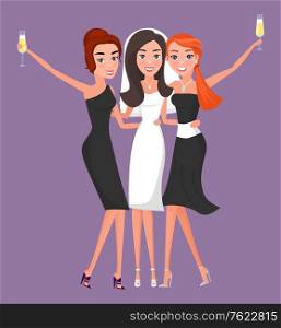 Bride in white wedding dress and bridal veil with girlfriends drinking champagne and celebration. Bridesmaids at hen party or bachelorette vector. Bride with Bridesmaids Celebrating Wedding Vector