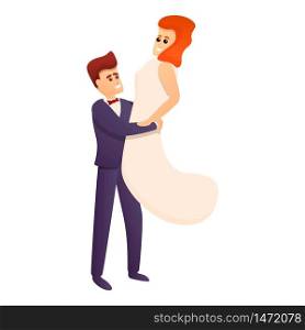 Bride jump in groom hands icon. Cartoon of bride jump in groom hands vector icon for web design isolated on white background. Bride jump in groom hands icon, cartoon style