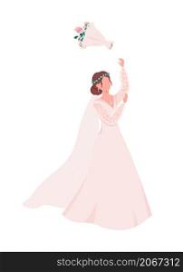 Bride throwing bouquet semi flat color vector character. Posing figure. Full body person on white. Wedding tradition isolated modern cartoon style illustration for graphic design and animation. Bride throwing bouquet semi flat color vector character