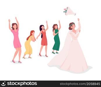 Bride throwing flowers to bridesmaids semi flat color vector characters. Standing figures. Full body people on white. Wedding isolated modern cartoon style illustration for graphic design, animation. Bride throwing flowers to bridesmaids semi flat color vector characters