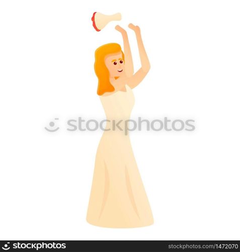 Bride throws a bouquet icon. Cartoon of bride throws a bouquet vector icon for web design isolated on white background. Bride throws a bouquet icon, cartoon style