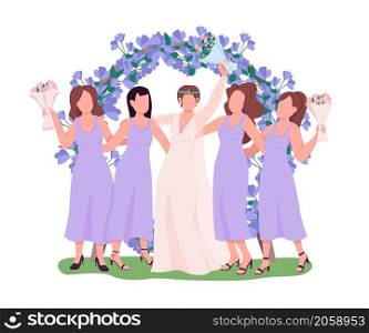 Bride with bridesmaid at reception semi flat color vector characters. Posing figures. Full body people on white. Wedding isolated modern cartoon style illustration for graphic design and animation. Bride with bridesmaid at reception semi flat color vector characters