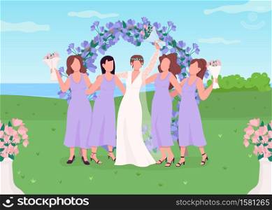 Bride with bridesmaids flat color vector illustration. Wedding celebration. Floral arch photozone for guests. Flower gate. Women in dresses 2D cartoon characters with landscape on background. Bride with bridesmaids flat color vector illustration