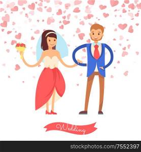 Bride with flowers holding groom vector. Wedding of woman in colorful dress and veil and man in suit. Married day of couple, postcard decorated by hearts. Wedding Bride with Flowers Holding Groom Vector