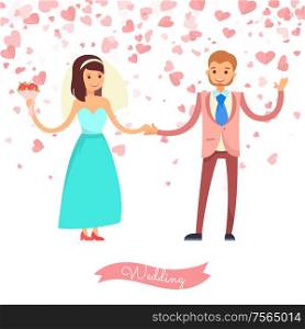 Bride with flowers holding groom, wedding festive vector. Marriage of woman in blue dress and veil, man in suit waving hand. Postcard decorated by hearts. Smiling Bride Holding Groom, Wedding Card Vector