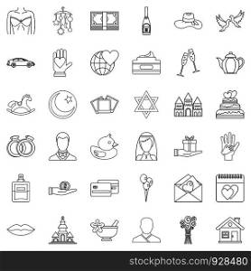 Bridegroom icons set. Outline style of 36 bridegroom vector icons for web isolated on white background. Bridegroom icons set, outline style