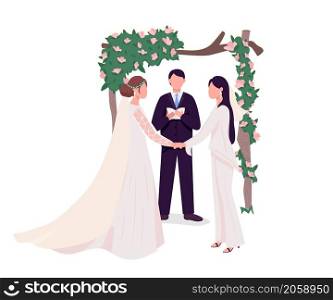 Brides at wedding semi flat color vector characters. Standing figures. Full body people on white. Marriage isolated modern cartoon style illustration for graphic design and animation. Brides at wedding semi flat color vector characters