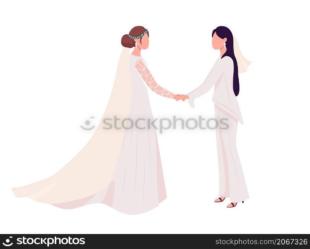 Brides holding hands semi flat color vector characters. Standing figures. Full body people on white. Romance isolated modern cartoon style illustration for graphic design and animation. Brides holding hands semi flat color vector characters