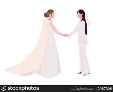 Brides holding hands semi flat color vector characters. Standing figures. Full body people on white. Romance isolated modern cartoon style illustration for graphic design and animation. Brides holding hands semi flat color vector characters