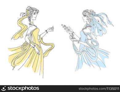 Brides in yellow and blue dresses in swirling attire wearing filmy headgear and long gowns