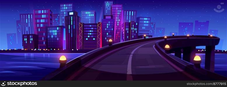 Bridge above river and city skyline with neon lights at night. Urban landscape with empty overpass highway, town buildings and skyscrapers on horizon, vector cartoon illustration. Bridge above river and city skyline at night