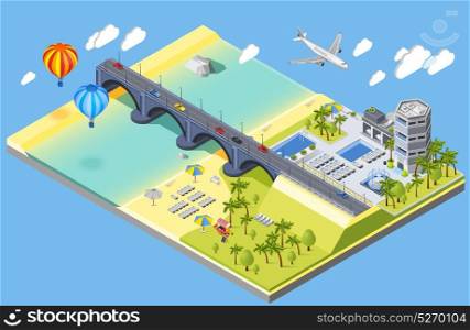 Bridge And Beach Illustration . Bridge and beach isometric composition with hotel and palm trees isometric vector illustration