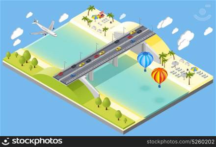 Bridge And Beach Resort Illustration . Bridge and beach resort isometric composition with plane and cars isometric vector illustration