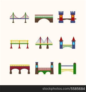 Bridge architecture city landmark harbor construction flat icon set isolated vector illustration