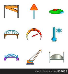 Bridge erection icons set. Cartoon set of 9 bridge erection vector icons for web isolated on white background. Bridge erection icons set, cartoon style