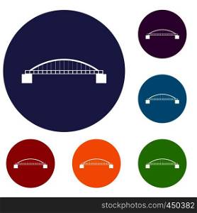Bridge icons set in flat circle reb, blue and green color for web. Bridge icons set