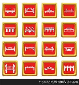 Bridge icons set vector red square isolated on white background . Bridge icons set red square vector