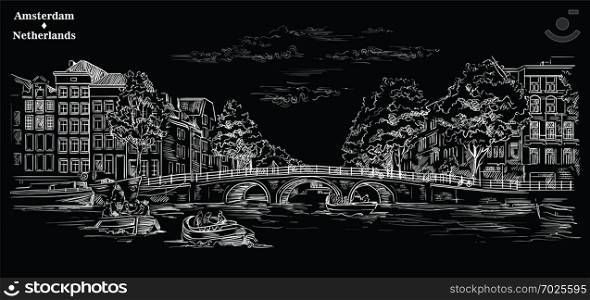 Bridge over the canals of Amsterdam, Netherlands. Landmark of Netherlands. Vector engraving illustration in white color isolated on black background.