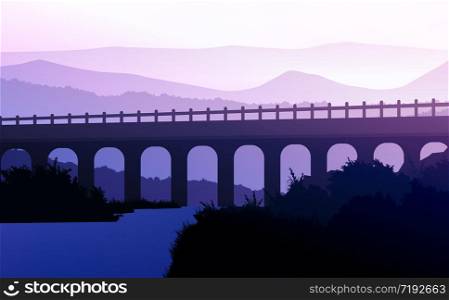 Bridges and travel. Natural forest mountains horizon hills silhouettes of trees. Sunrise and sunset. Landscape wallpaper. Illustration vector style. Colorful view background.