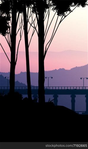 Bridges and travel. Natural forest mountains horizon hills silhouettes of trees. Sunrise and sunset. Landscape wallpaper. Illustration vector style. Colorful view background.