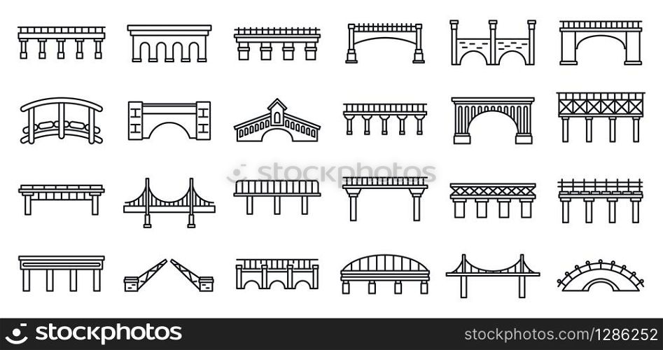 Bridges construction icons set. Outline set of bridges construction vector icons for web design isolated on white background. Bridges construction icons set, outline style